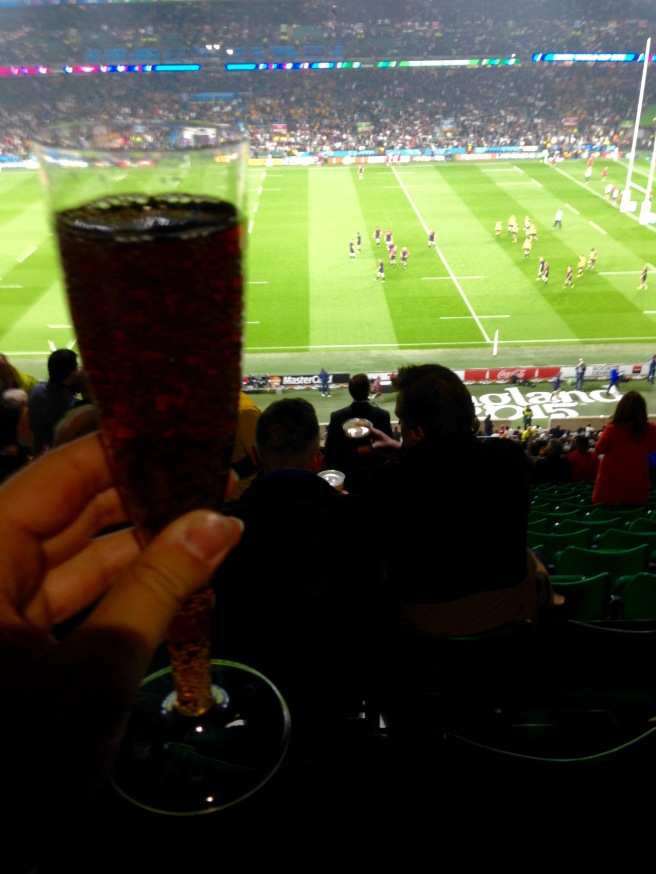 Rugby. Champagne flute. Diet Coke. 